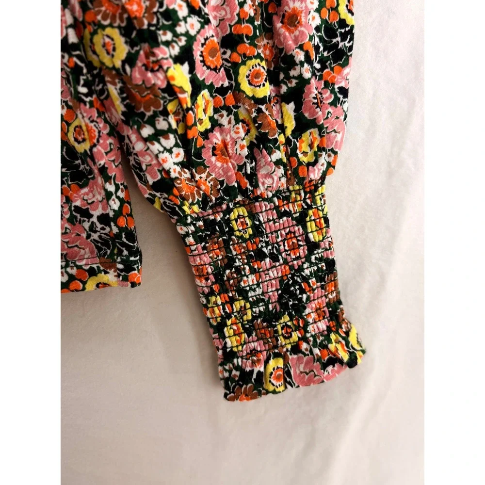 Boden Women Floral Cotton Smocked Ruffle Split Neck Top‎ Multicolor US 6